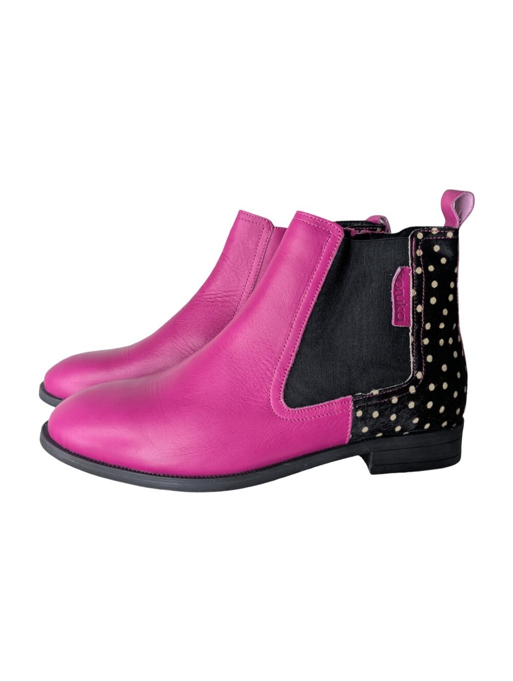 Soruka Bright Pink Leather Chelsea Boots with Polka Dot Heel Recycled Leather